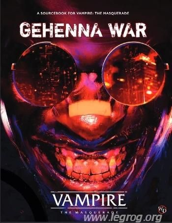 Gros plan sur le visage d'un vampire aux lunettes rondes et rouges (qui cachent ses yeux) qui fait un large sourire cruel, dévoilant toutes ses dents, y compris ses crocs. Le titre du supplément "Gehenna War" est écrit en blanc, à la hauteur de son front, et le titre de la gamme (Vampire) est à la hauteur de son menton.