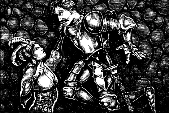 Gravure en noir et blanc : une femme soulève par le col un homme en armure et le tient à bout de bras. Les personnages sont vus de profil.