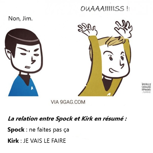 Caricature de Spock et Kirk provenant de 9GAG : Kirk part en courant, levant les bras avec enthousiasme, et en criant un long "ouais!", tandis que Spock le regarde d'un air possiblement blasé en grommelant : "Non, Jim."